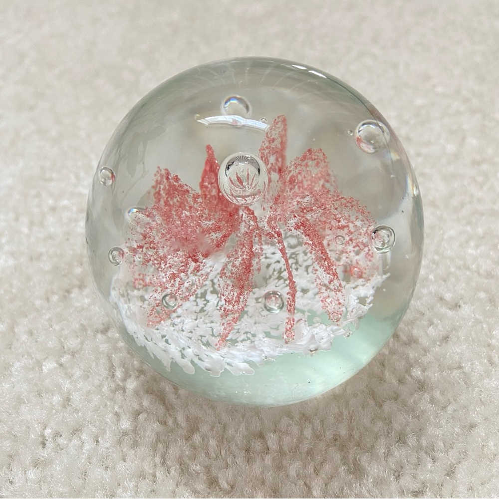 Hand Blown Art Glass Paperweight Pink Flower w/ Controlled Bubbles